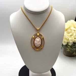 Extasia Signed Gold Tone Athena and Owl Intaglio Cameo Pendant Long‎ Necklace